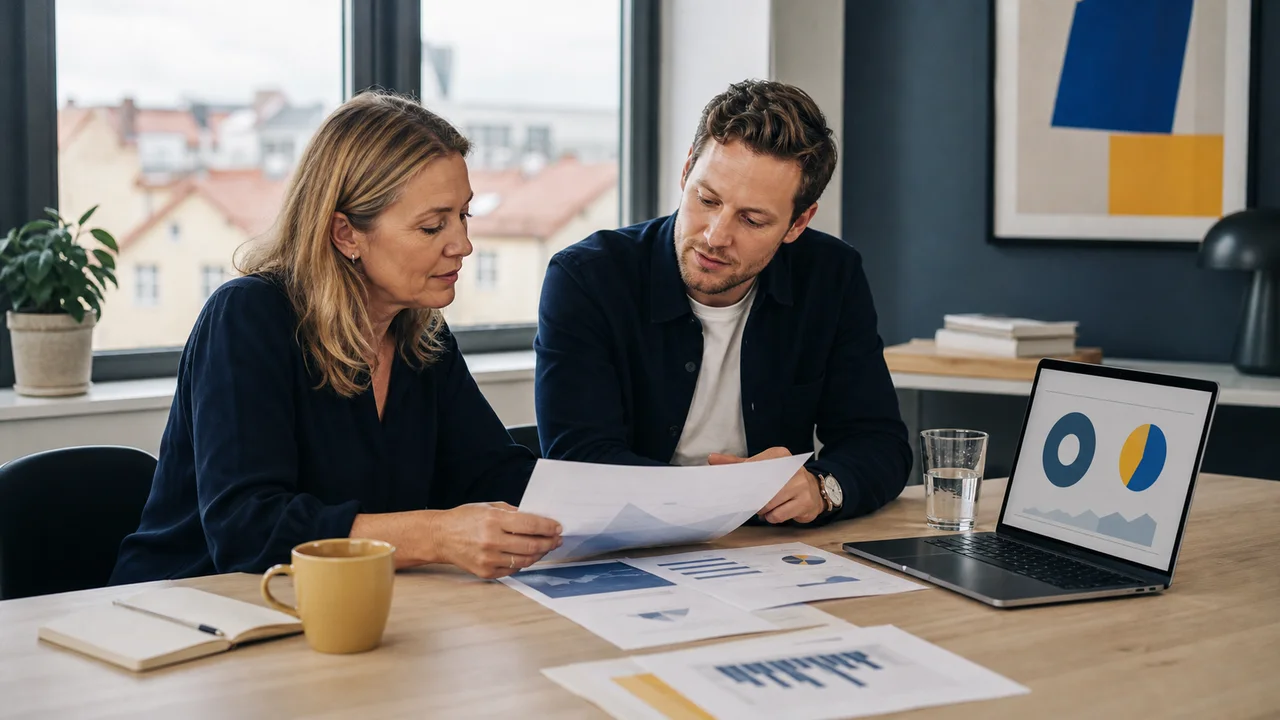 Företagare och webbrådgivare går igenom budget och offert i ett kontor i Göteborg