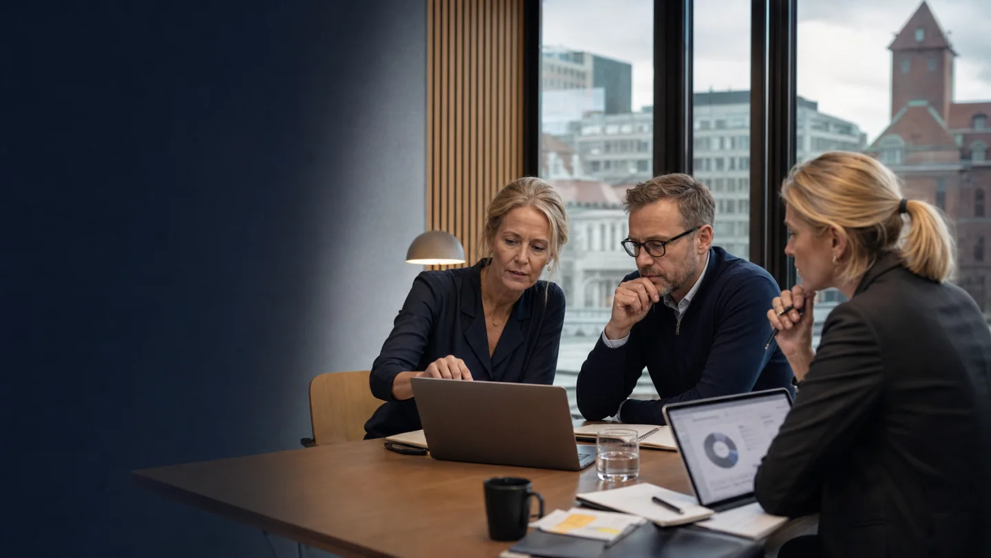 Säkerhetsrådgivare och företagsledning går igenom digitala risker i ett kontor i Göteborg